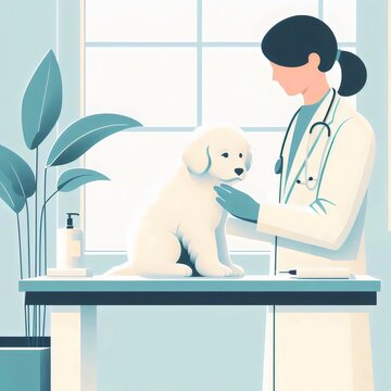 veterinarian with dog in vet clinic, illustration 