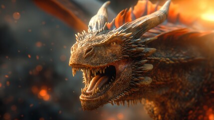 Close-up of a large, fierce dragon with sharp teeth, flying majestically and imposingly. Dragon exuding an aura of power and intensity with its outspread wings and shiny scales.