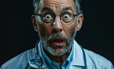 Portrait of a Surprised Professional Doctor with an Expression of Amazement on a Black Background