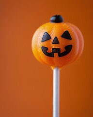 Halloween Cake Pops With Pumpkin Decorations Against Orange Background