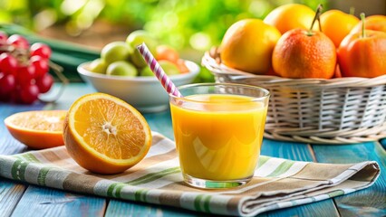Freshly squeezed orange juice in a colorful cup with a straw on a sunny breakfast table surrounded by vibrant fruit and morning newspapers.