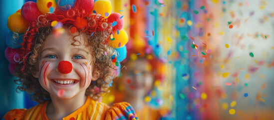 Portrait kids dressed clowns curly wigs red noses playing throwing confetti brightly colored