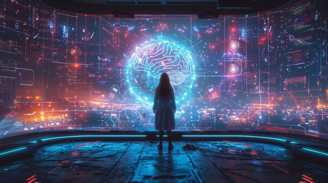 Futuristic woman with digital brain interface - generative ai