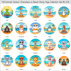 Colorful Cartoon Characters Animals on Beach Doing Yoga Bundle Collection Set of 100 Animals Part 3