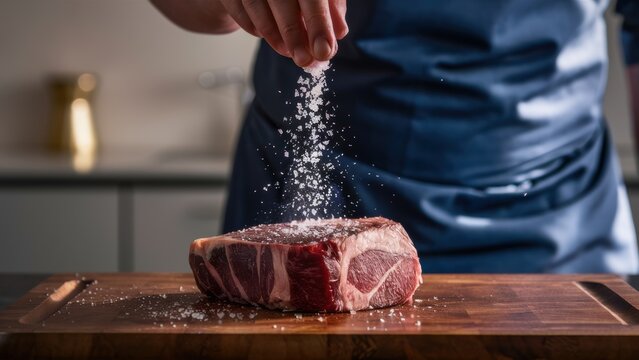 A person sprinkling salt on a piece of meat sitting on top of wood, AI