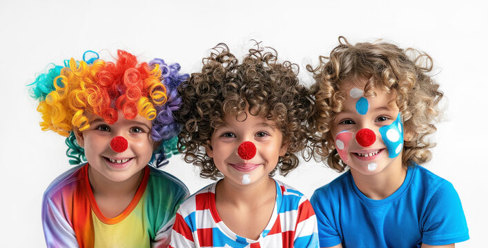 Portrait multiracial children clown costumes curly wigs red noses. Festive mood, cheerful emotions