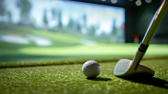 Close-up of a golf ball and putter on a screen displaying a virtual golf course, capturing the essence of indoor screen golf.