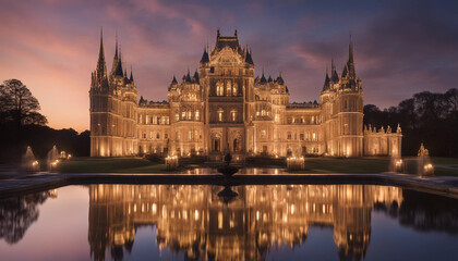 Naklejka premium An opulent palace with towering spires and graceful arches, glowing softly in the evening light, surrounded by a tranquil water feature that mirrors its intricate details and grandeur. 