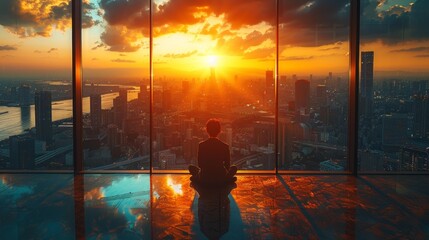 Man meditating over city sunset - generative ai