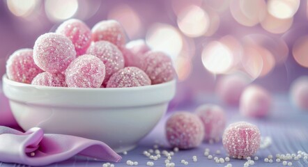 Colorful Candy Bowl With Purple and Pink Confections on a Soft Background