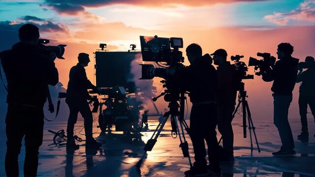 Film crew silhouettes, including a director, cameraman, and lightman, working together on a TV commercial production set, capturing the essence of film making