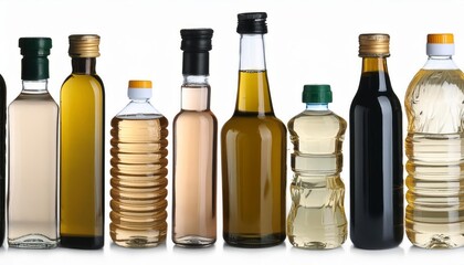 Various types of oil, including soybean, sunflower, rice bran, mustard, and olive oil, in glass and plastic bottles, isolated on white background. Showcasing their natural beauty and health