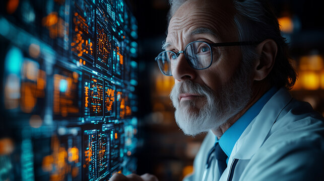 Elderly scientist analyzing digital data on futuristic screens in a high-tech lab, showcasing innovation and technology.