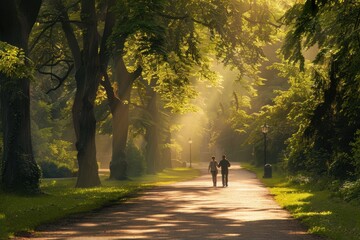 Couple holding hands on a sunlit pathway in a serene park atmosphere