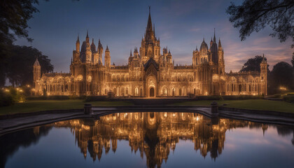 Obraz premium An opulent palace with towering spires and graceful arches, glowing softly in the evening light, surrounded by a tranquil water feature that mirrors its intricate details and grandeur. 