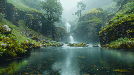 A mystical fairy glen in Scotland with moss-covered mountains