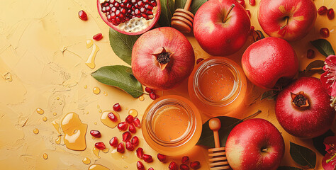 Rosh Hashanah Jewish New Year holiday concept Traditional symbols Honey jar apples pomegranate