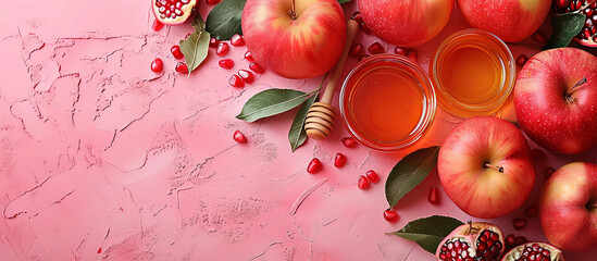 Rosh Hashanah Jewish New Year holiday concept Traditional symbols Honey jar apples pomegranate