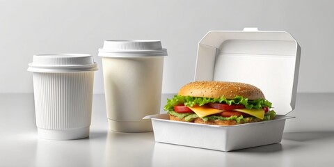 Customizable white template mockup featuring a lunch box, cup, and burger for branding and advertising fast food restaurants, cafes, and delivery services.
