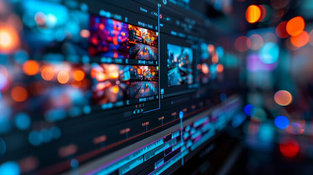 A computer monitor that displays a video editing timeline with various video clips arranged sequentially