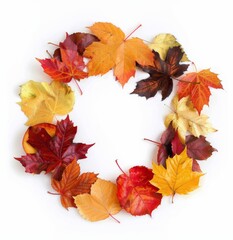 Colorful Autumn Leaves Arranged in Circle on White Background