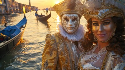 Venetian masked couple posing in gondola at sunset - generative ai