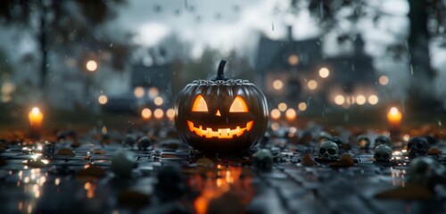 Fototapeta premium Haunting Pumpkin With Grinning Face Near Scattered Skulls at Twilight by Haunted House