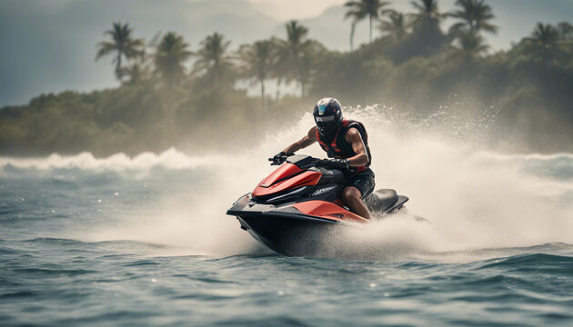 Dynamic action shot of a jet ski racing through waves, with the rider wearing stylish, branded gear
