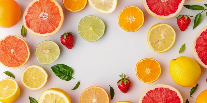 Colorful Arrangement of Fresh Citrus Fruits and Berries on White Background