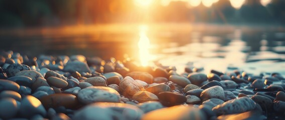 Obraz premium Sunset Over Smooth Pebbles By Water's Edge