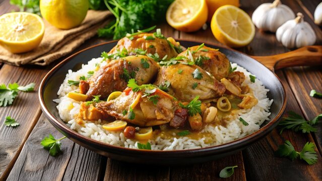 Savory Poulet Yassa, a traditional Gambian dish, features tender chicken in a rich onion and lemon sauce, served with steaming rice and herbs.
