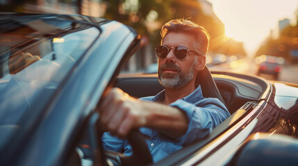 A man in a car with sunglasses on and a beard
