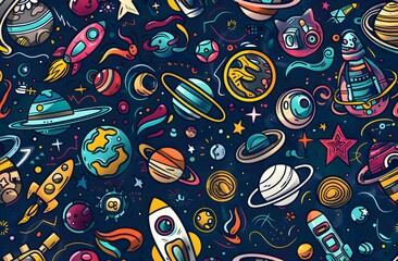 Naklejka premium illustration of Space background various space-themed doodles, including astronauts in spacesuits, planets wall art, showcasing an adventurous theme 
