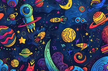 Fototapeta premium illustration of Space background various space-themed doodles, including astronauts in spacesuits, planets wall art, showcasing an adventurous theme 