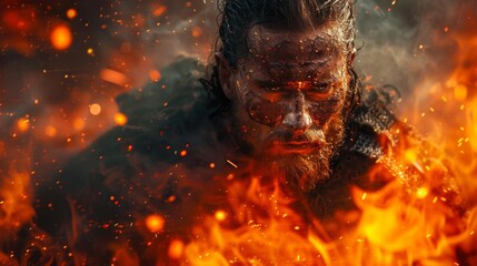Obraz premium Warrior in flames - intense portrait - generative ai