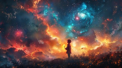 Fototapeta premium Child watching cosmic wonders - generative ai