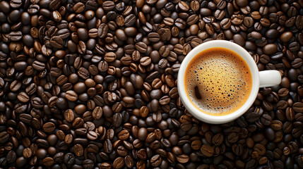 Fototapeta premium A coffee cup with a brown liquid in it is surrounded by coffee beans