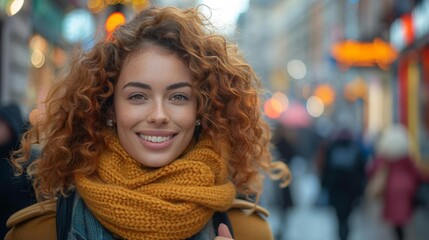 Smiling woman in a city street - generative ai