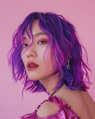 Naklejka premium Transgender asian woman bright purple hair, posing confidently against soft pink studio background