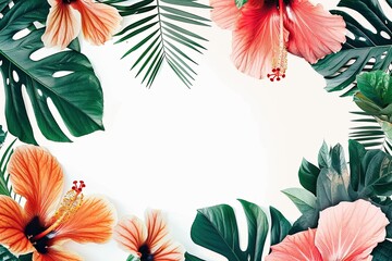 Naklejka premium Vibrant pop-art styled hibiscus and tropical leaves frame on white backdrop