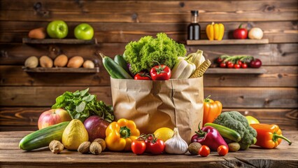 Fresh fruits and vegetables overflow from a crumpled paper bag, surrounded by scattered grocery items, on a rustic wooden kitchen table.