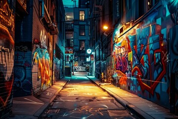A nighttime photo of Graffiti Alley in Toronto's Fashion District