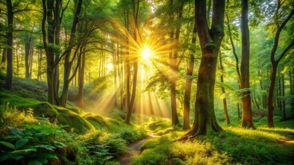 Warm sunlight filters through lush greenery, illuminating a tranquil forest landscape, evoking feelings of deep joy, calmness, and peaceful connection with nature.