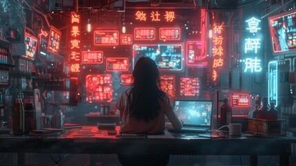 Cyberpunk girl in futuristic control room - generative ai
