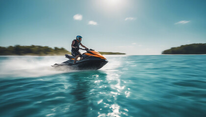 Jet ski speeding across crystal clear blue waters with a bright sky
