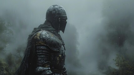 Fototapeta premium Mysterious knight in the foggy forest - generative ai