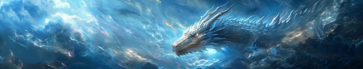 Obraz premium Epic Dragon Legend: A Mighty Serpent of Myth Soaring Through a Dramatic Sky Canvas, Emblematic of Ancient Power and Lore