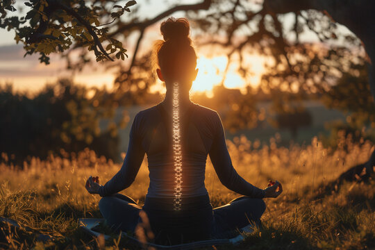 A woman practices yoga with holographic technology that shows the alignment and flexibility of the spine