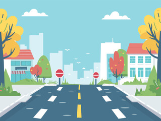 Descriptive scenario suburban street heading towards city center, clear skies autumn trees. Cartoon illustration suburban road, fall season, skyline background, houses, stop sign. Vibrant colors