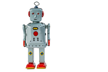 Fototapeta premium A very antique tin robot toy airplane isolated in white with clipping path. Retro gray and red robot from decades ago. 